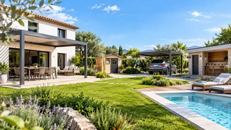 Maison avec pergola abri de jardin et carport Maison avec pergola abri de jardin et carport