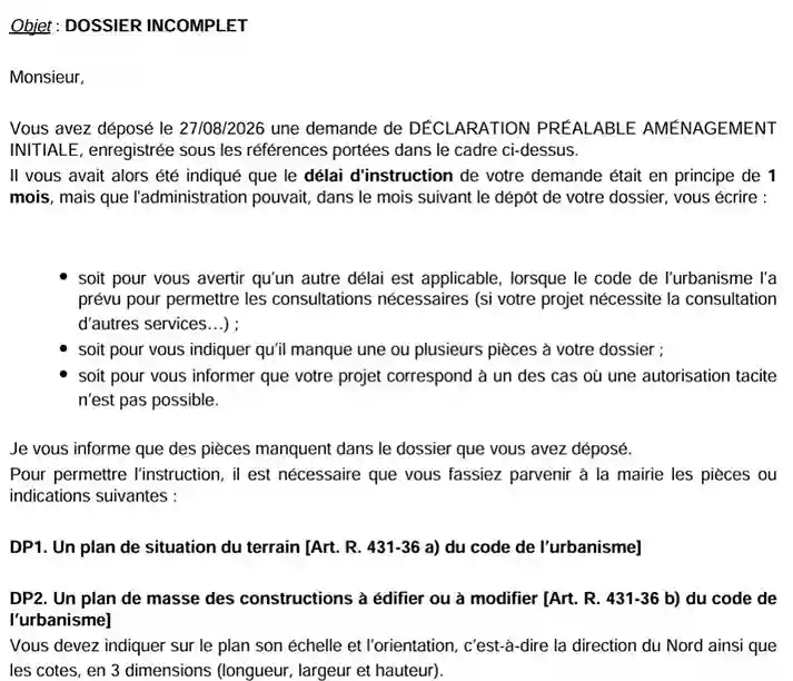Exemple de courrier de dossier incomplet