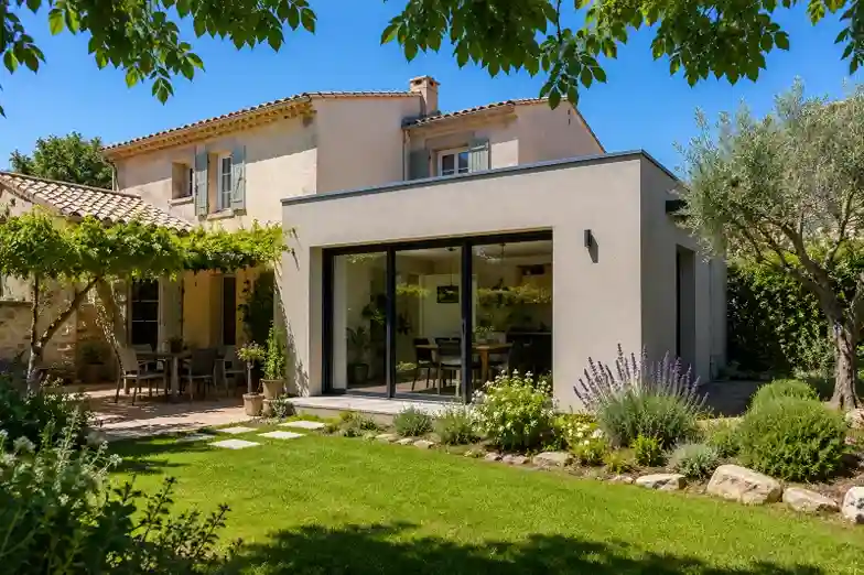 Extension de maison dans le Gard - vue depuis jardin Extension de maison dans le Gard - vue depuis jardin