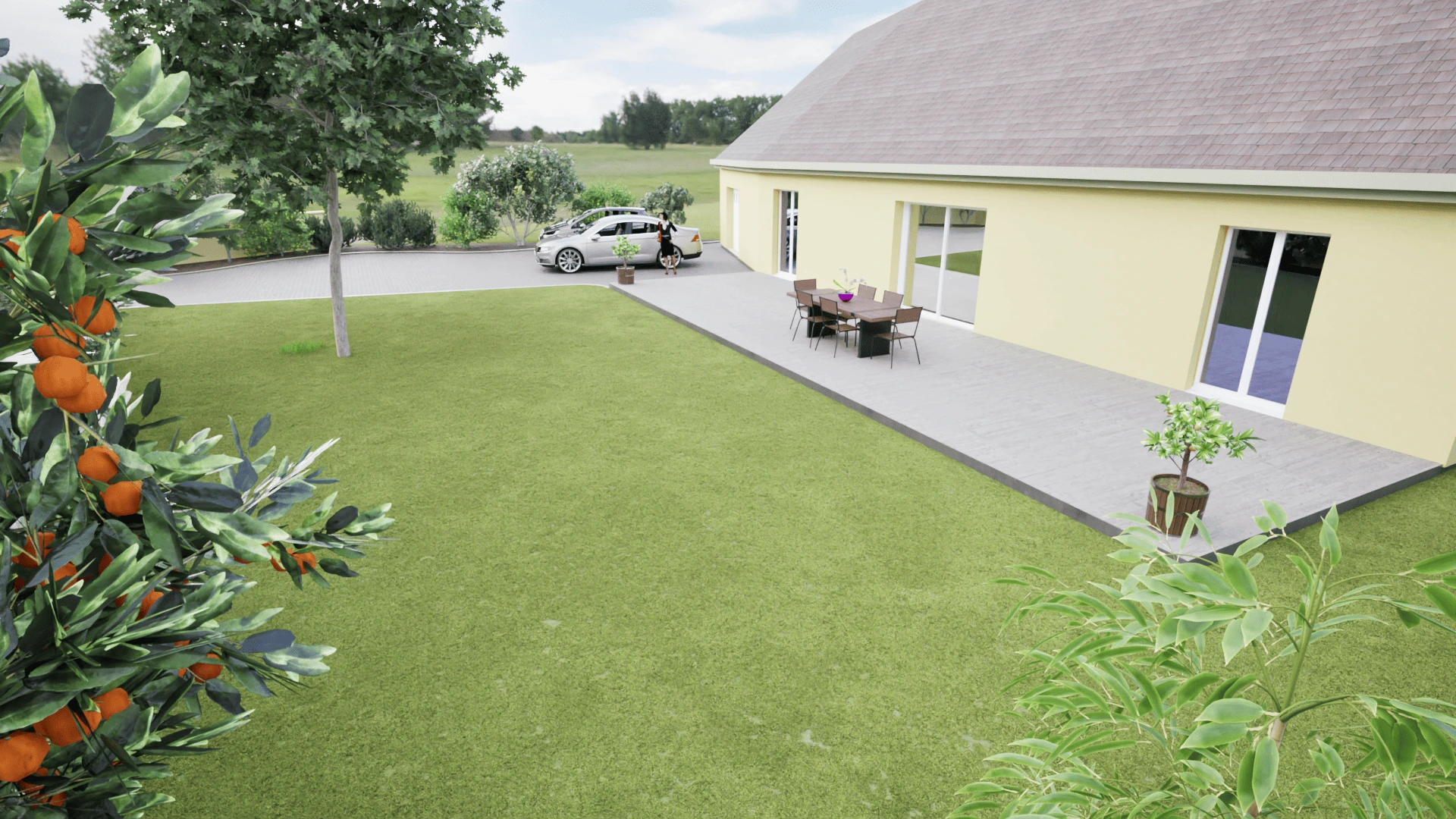 Visualisation 3D rénovation maison plain pied — aménagements extérieurs et construction existante