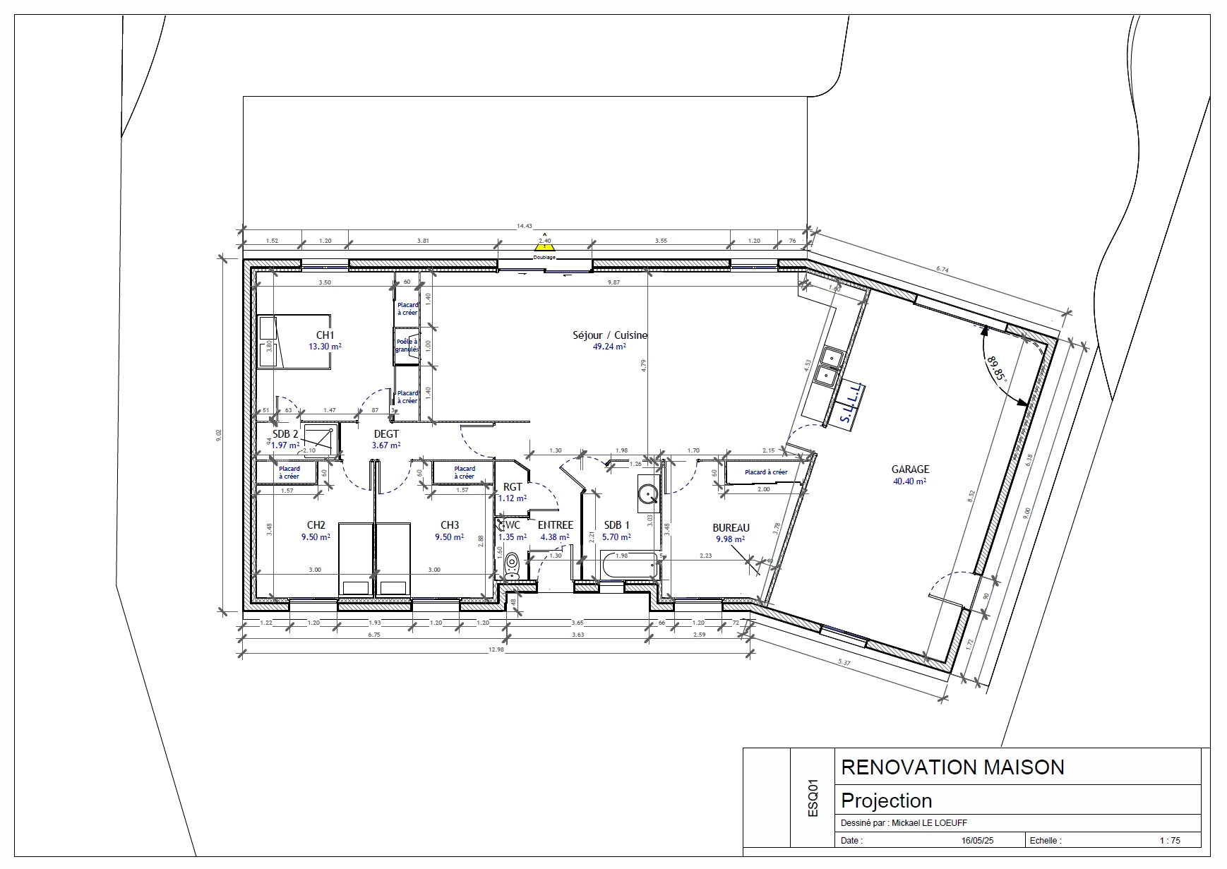 Vue en plan rénovation intérieure — redistribution des espaces dessinateur Nîmes Revit