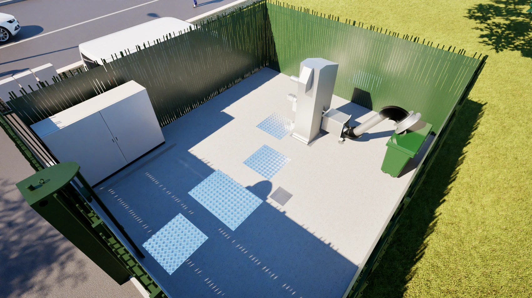 Vue d'ensemble presse laveuse et dégrilleur — aménagement VRD Revit bureau d'études