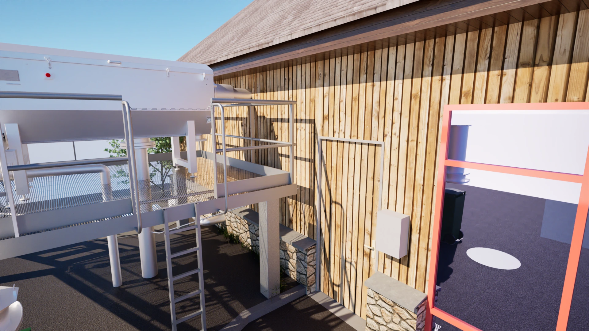 Station d'épuration tamis rotatif — vue 3D implantation et réseaux hydrauliques