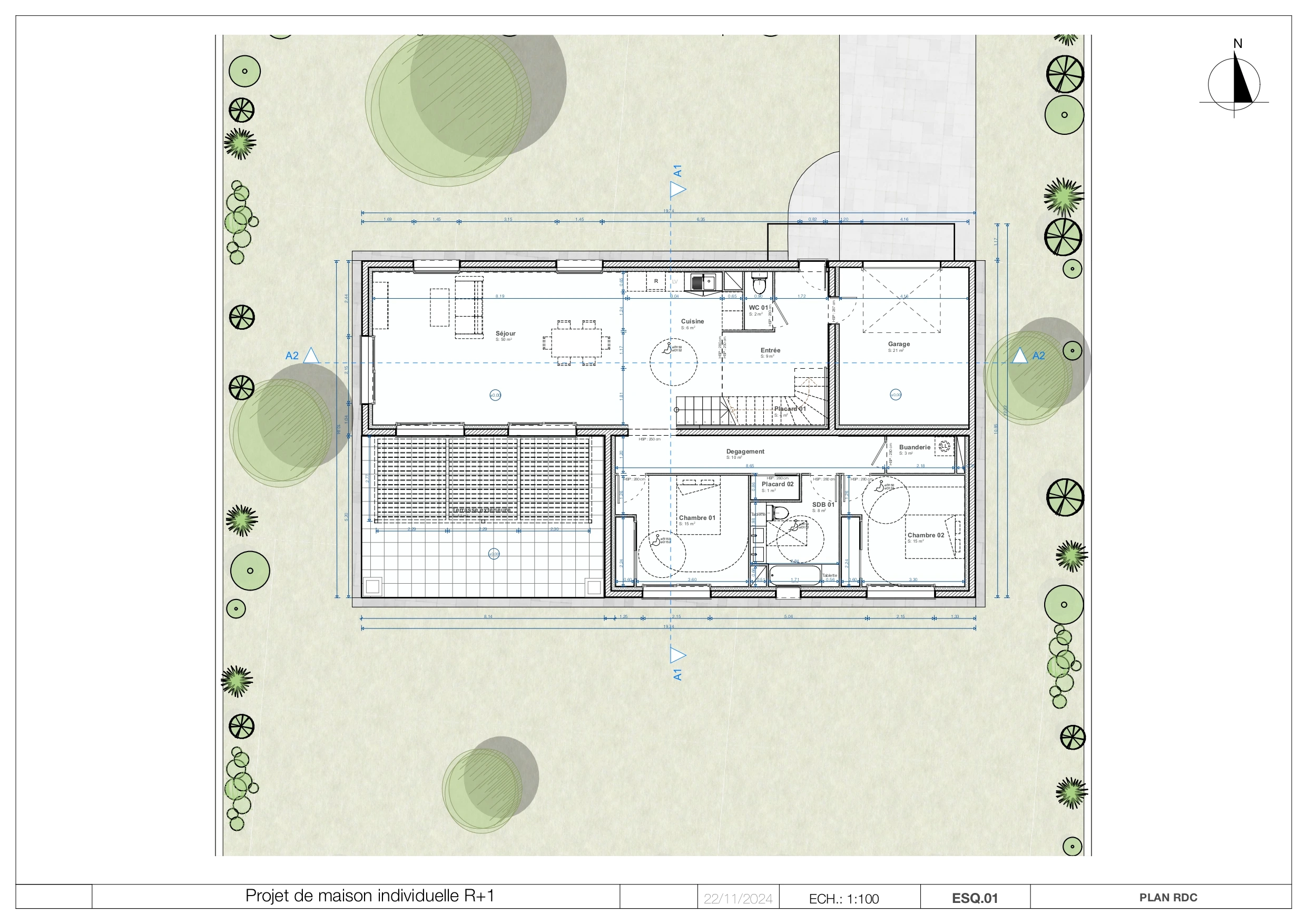 Vue en plan maison moderne — emprise au sol et surface totale 150m²