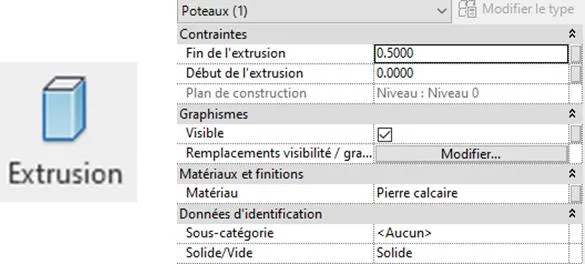 Panneau propriétés de la base de colonne - extrusion 0 à 0,50 m