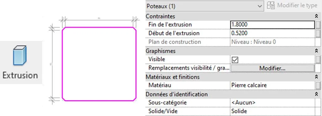 Extrusion partie milieu - propriétés Revit