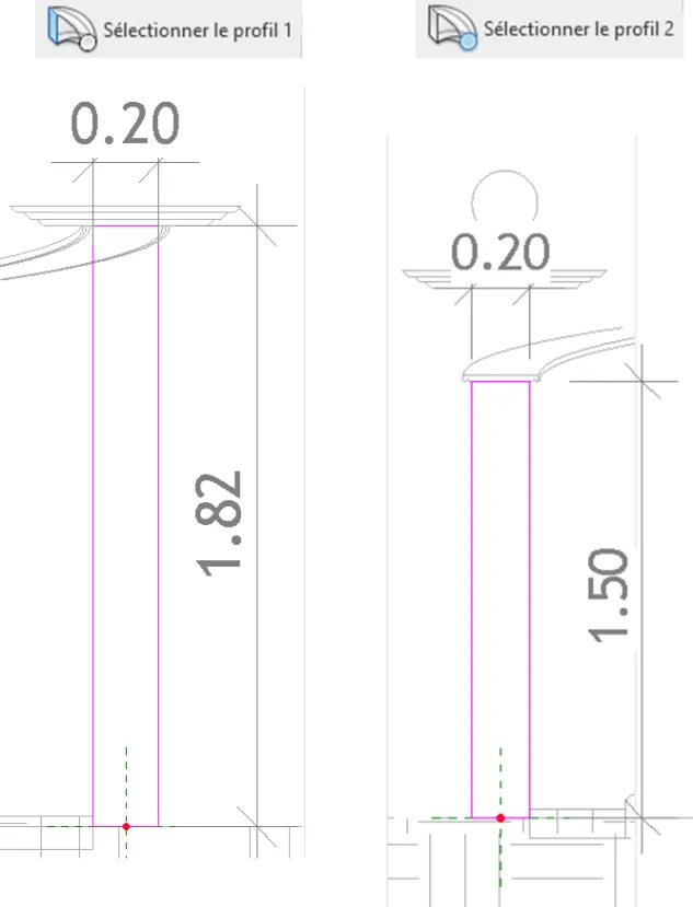 Profils 1 et 2 dessinés en coupe - hauteurs 1.82m et 1.50m Profils 1 et 2 dessinés en coupe - hauteurs 1.82m et 1.50m