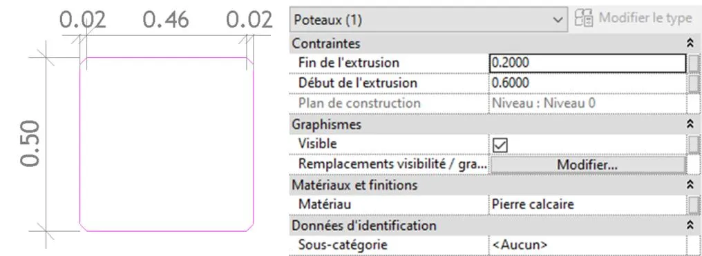 Première extrusion du bloc - plan 0.50x0.46m, hauteur 40cm