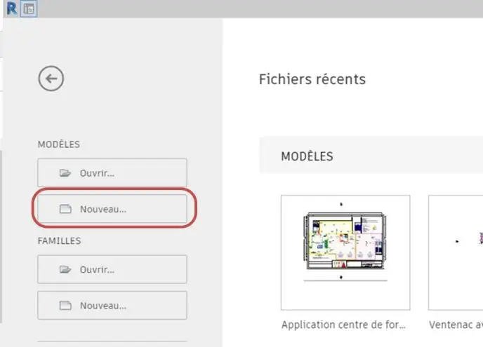 Page d'accueil Revit 2021 avec le gabarit architectural à sélectionner