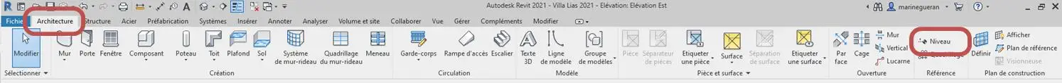 Création d'un niveau dans Revit – outil ARCHITECTURE → NIVEAU avec poignées bleues