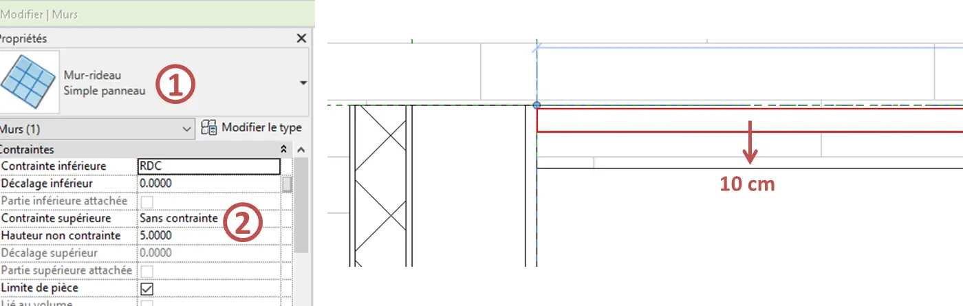 Paramètres du mur rideau Simple panneau – hauteur non contrainte 5 m