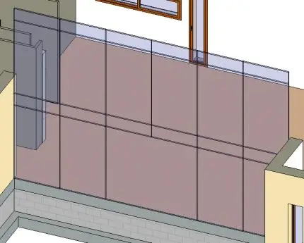 Vue isométrique du mur rideau avec les lignes de quadrillage de la Villa Lisa