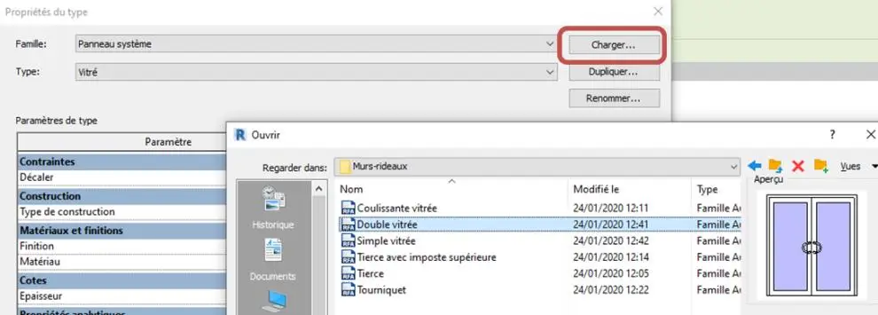 Sélection du panneau vitré à remplacer par une Double vitrée dans Revit