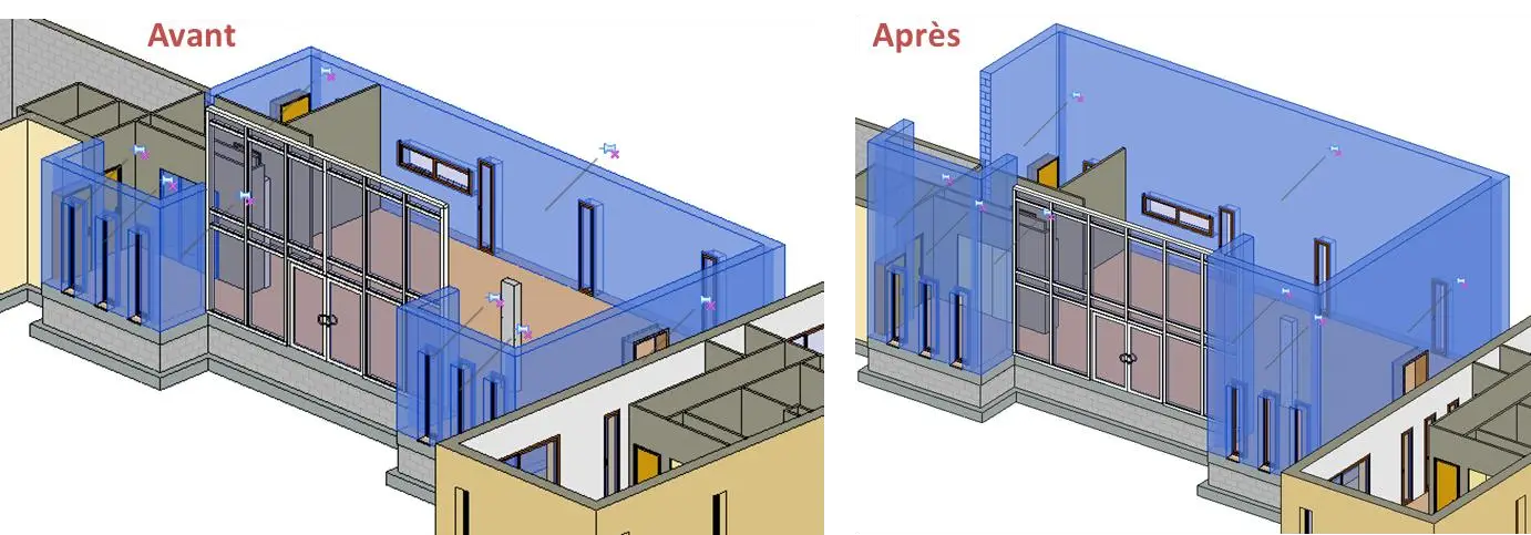 Vue 3D des murs de la partie centrale avec contrainte supérieure 1er Chainage