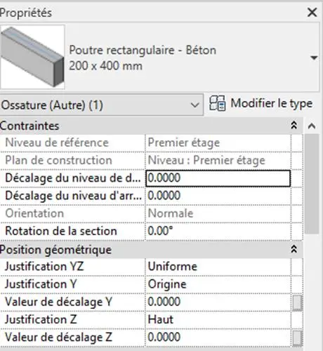 Propriétés du type – création de la poutre rectangulaire 200 x 400 mm