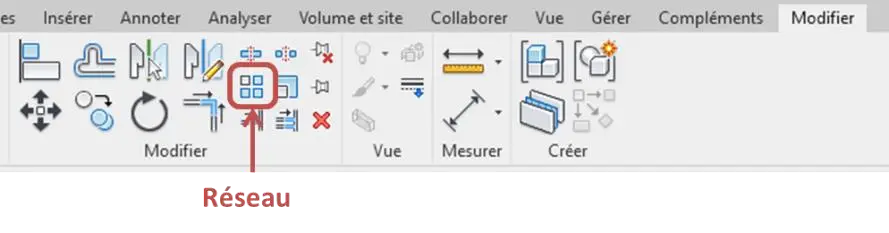 Outil Réseau (AR) dans l'onglet MODIFIER pour dupliquer les poutres bois