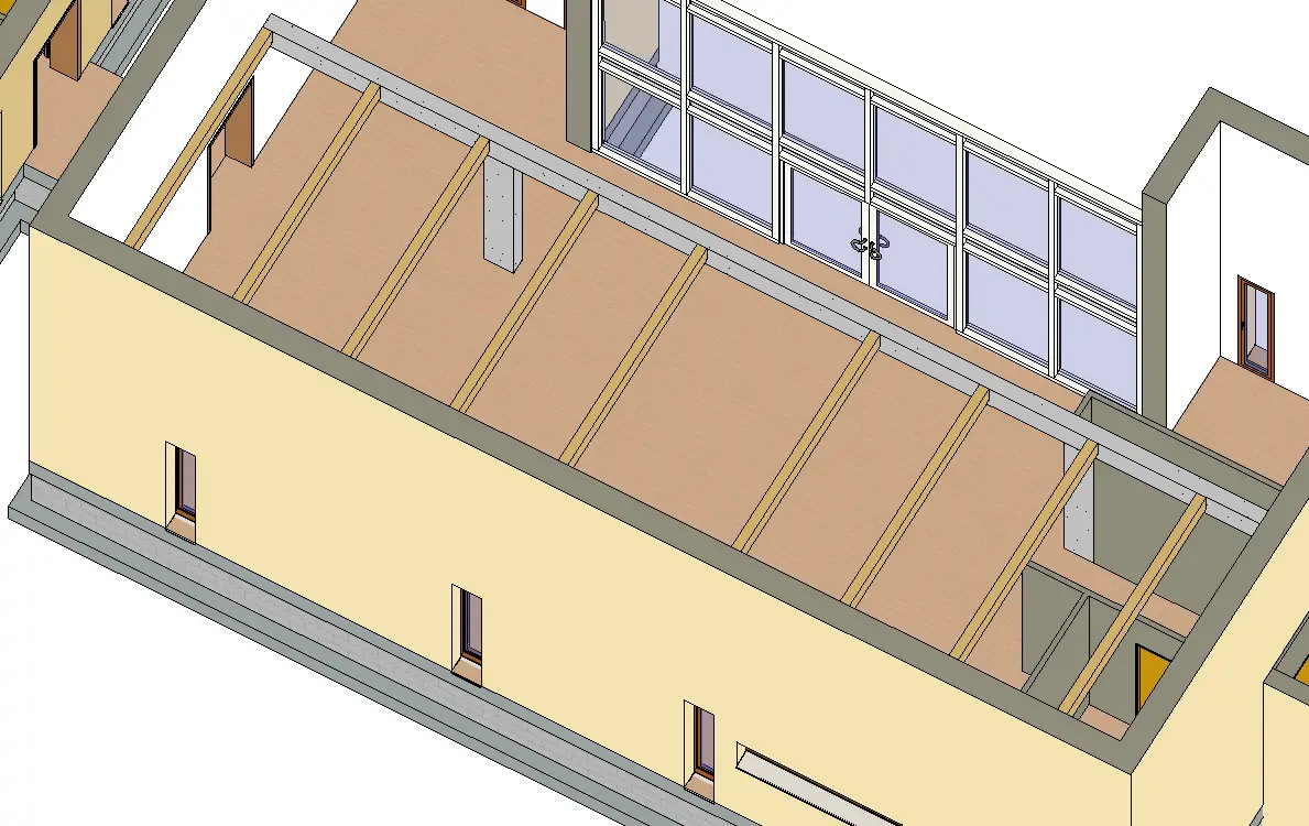 Vue 3D des 10 poutres bois de la mezzanine de la Villa Lisa dans Revit
