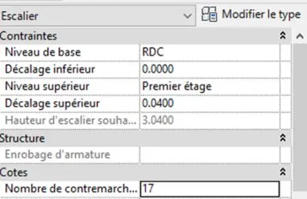 Paramètres de l'escalier – RDC vers 1er ETAGE, 17 contremarches, décalage 0,04