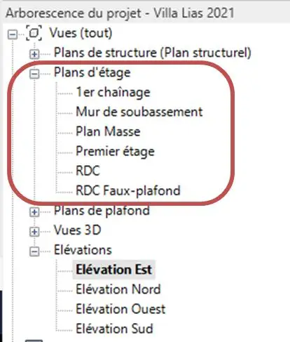 Arborescence du projet Revit – Plans d'étage avec les niveaux créés (RDC, 1er ETAGE, etc.)