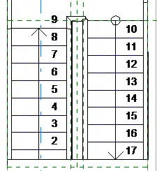 Plan 1er ETAGE avec numéros de marche des deux volées de l'escalier Revit