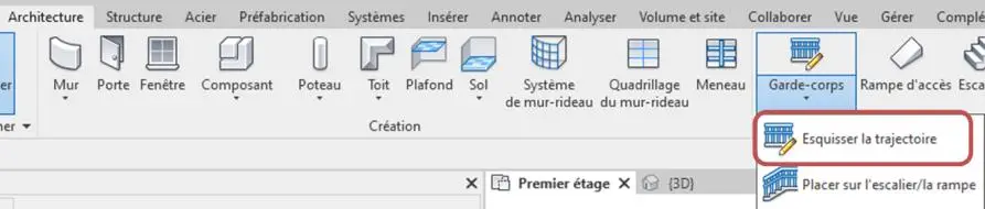Onglet ARCHITECTURE → Garde-corps → Esquissez la trajectoire dans Revit