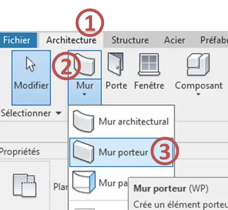 Onglet Architecture → Mur porteur (WP) dans Revit – sélection du type de mur