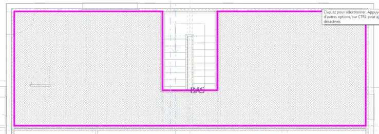Tracé du faux plafond sous la mezzanine en contournant la trémie d'escalier