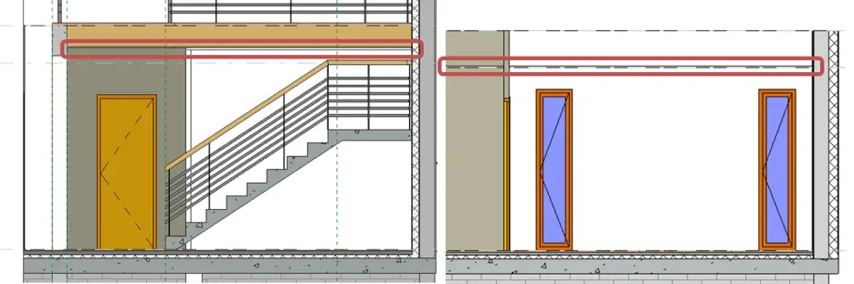 Coupe longitudinale avec le faux plafond de l'espace nuit repéré en rouge