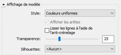 Options d'affichage des graphismes – transparence réglée à 25 dans Revit