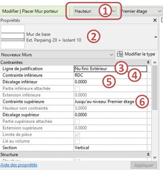 Palette des Propriétés Revit – paramètres du mur porteur Ext. Parpaing 20 isolant 10