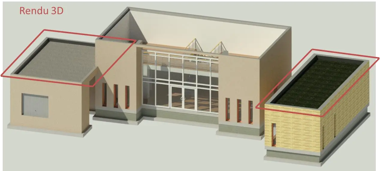 Vue isométrique des toitures terrasses et acrotères de la Villa Lisa dans Revit
