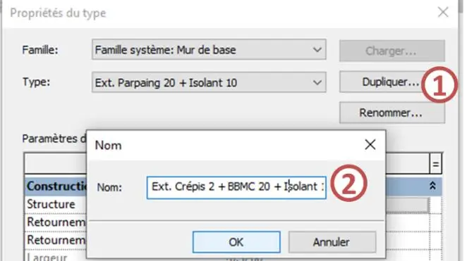 Boîte de dialogue Propriétés du type – duplication du mur porteur dans Revit