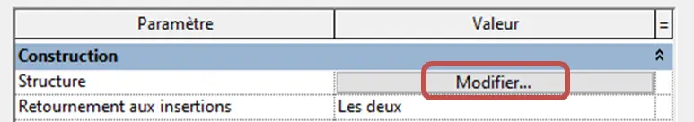 Bouton Modifier dans la boîte de dialogue Propriétés du type pour éditer la structure du mur