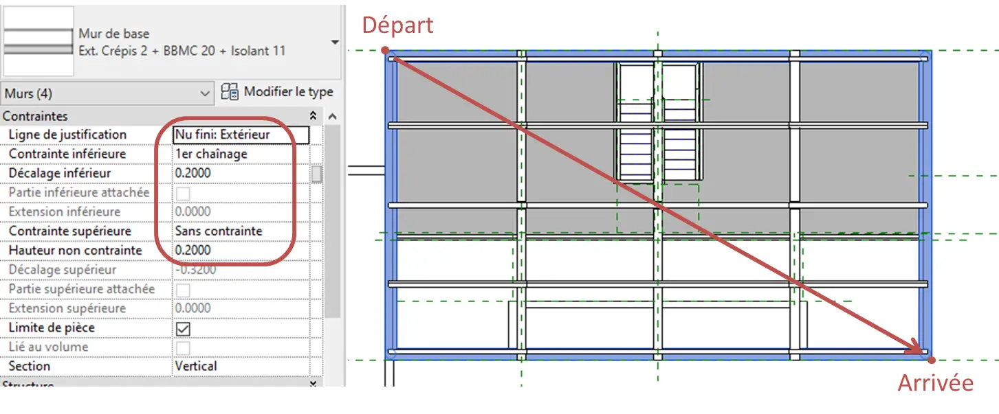 Tracé du mur périphérique sous la toiture avec l'outil rectangle en plan