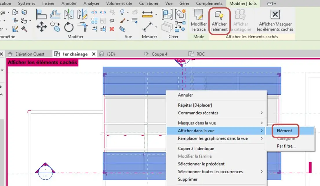 Affichage de l'élément masqué avec l'outil Afficher l'élément (EU) dans Revit