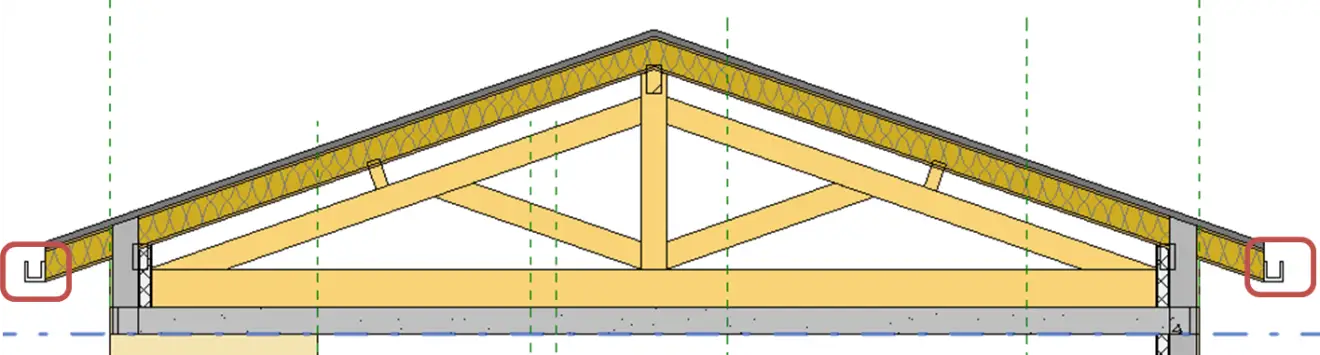 Vue 3D des gouttières PVC placées sur les rives de toit nord et sud