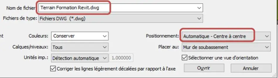 Boîte de dialogue Importer CAO – positionnement Automatique Centre à centre