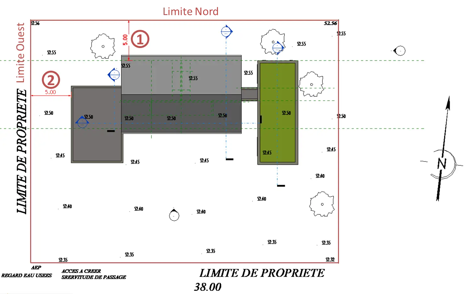 Alignement du terrain par rapport au projet à 5 m des limites Nord et Ouest