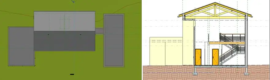 Plan de masse et coupe transversale du terrain naturel nivelé de la Villa Lisa