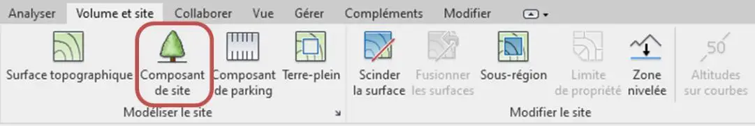 Onglet Volume et site → Composant de site pour insérer des arbres 3D