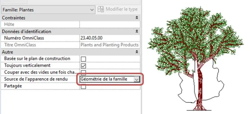 Paramètre Source de l'apparence de rendu réglé sur Géométrie de la famille