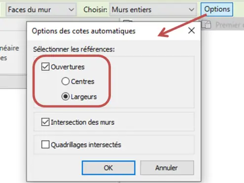 Options de cotes automatiques – sélection des pleins, vides et ouvertures