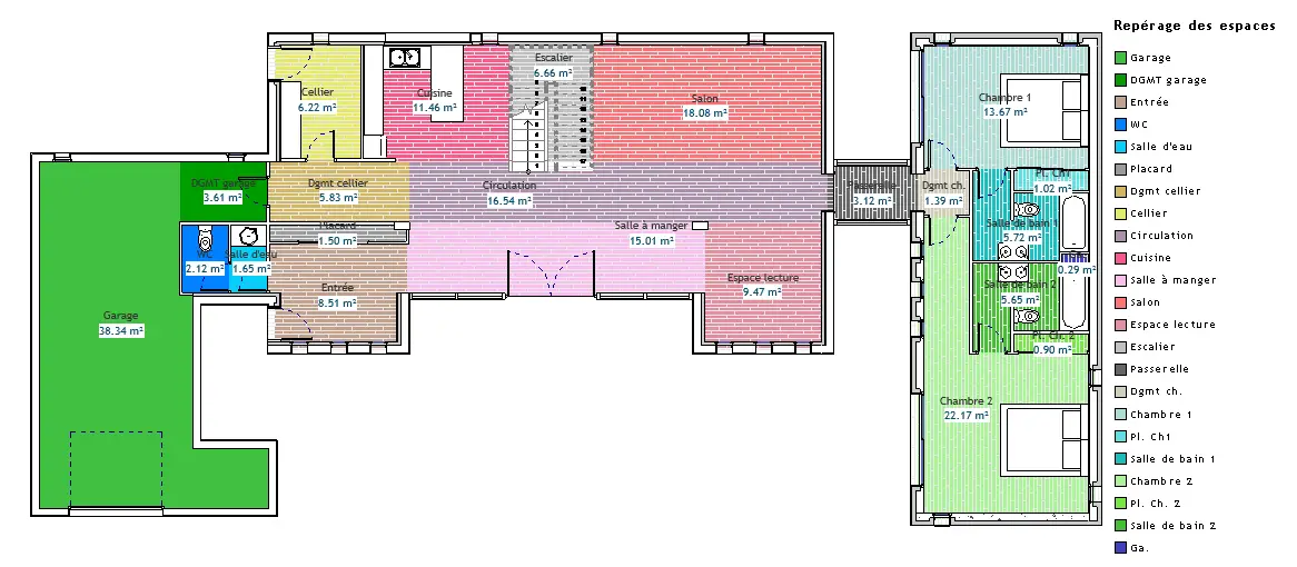 Plan RDC en couleurs avec légende des espaces de la Villa Lisa dans Revit