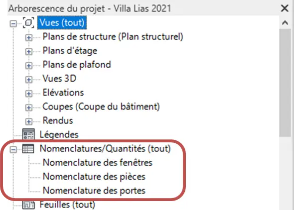 Arborescence du projet – Nomenclatures Quantités avec les 3 nomenclatures existantes