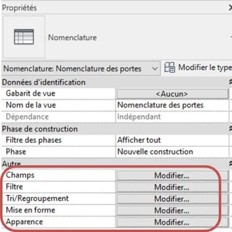 Onglet Propriétés de la nomenclature – 5 paramètres Champs Filtres Tri
