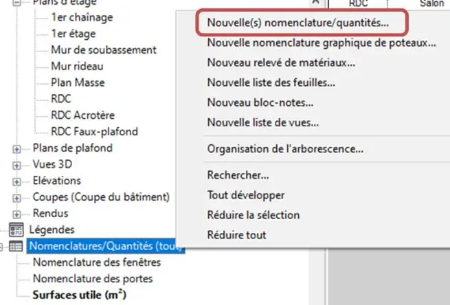 Création d'une nouvelle nomenclature quantités par clic droit dans l'arborescence