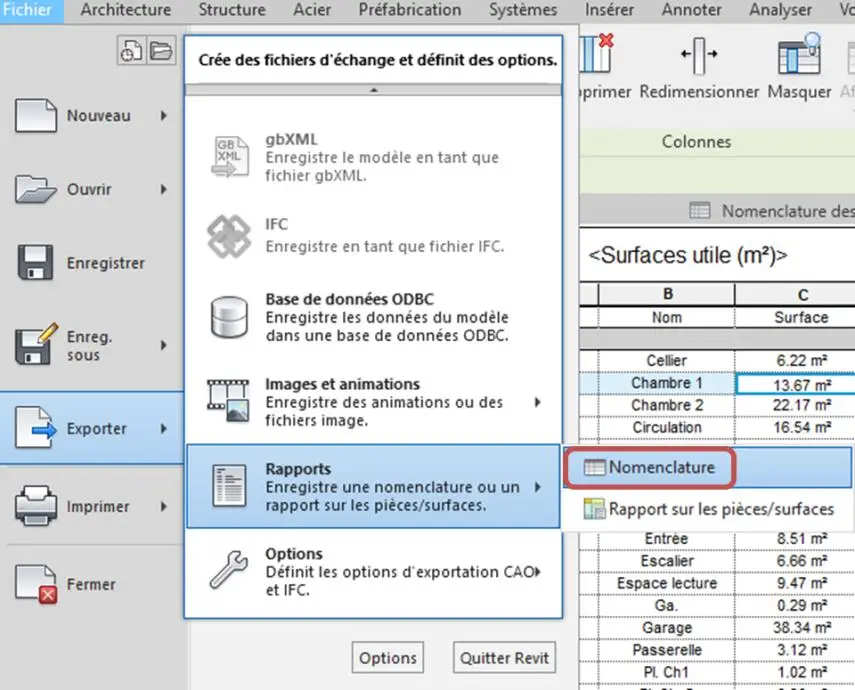 Exportation de la nomenclature au format TXT depuis le menu FICHIER Revit