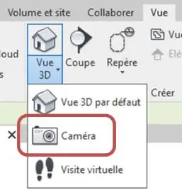 Onglet VUE → Vue 3D → Caméra pour créer une perspective dans Revit