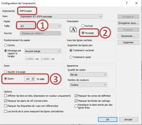 Paramètres d'impression – format A3, orientation paysage, zoom 100% dans Revit