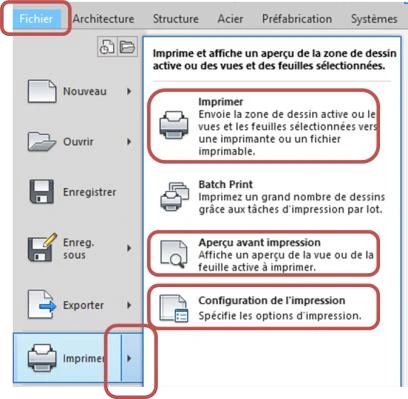 Onglet FICHIER avec les outils d'impression et d'export dans Revit 2021